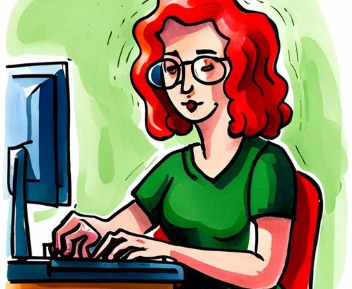 water colour painting of a middle aged white female teacher with dark-pink curly shoulder-length hair wearing a green v-neck dress and red rimmed glasses working at a mac computer