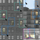 This image illustrates the potential for bias in AI, in the setting of smart cities and provision of local services in a city. The image shows a variety of people carrying out their daily activities in a city, while various cursors and boxes show how some might be selected over others, or clustered by the data collected about them. The densely populated city with a mixture of buildings mirrors the design of a GPU. This image was created as the result of a Better Images of AI workshop at Science Gallery London as part of London Data Week 2023, in response to a public conversation with Sam Nutt.