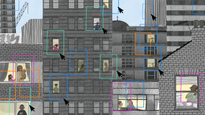 This image illustrates the potential for bias in AI, in the setting of smart cities and provision of local services in a city. The image shows a variety of people carrying out their daily activities in a city, while various cursors and boxes show how some might be selected over others, or clustered by the data collected about them. The densely populated city with a mixture of buildings mirrors the design of a GPU. This image was created as the result of a Better Images of AI workshop at Science Gallery London as part of London Data Week 2023, in response to a public conversation with Sam Nutt.