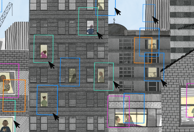 This image illustrates the potential for bias in AI, in the setting of smart cities and provision of local services in a city. The image shows a variety of people carrying out their daily activities in a city, while various cursors and boxes show how some might be selected over others, or clustered by the data collected about them. The densely populated city with a mixture of buildings mirrors the design of a GPU. This image was created as the result of a Better Images of AI workshop at Science Gallery London as part of London Data Week 2023, in response to a public conversation with Sam Nutt.